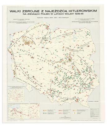 (WORLD WAR II -- HOLOCAUST.) Group of 3 sobering maps particularizing the hideous expanse of locations throughout Poland where Nazi war